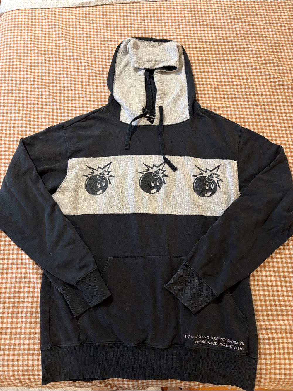 The Hundreds Black and Gray Panel Pullover Hoodie with Bomb Graphic